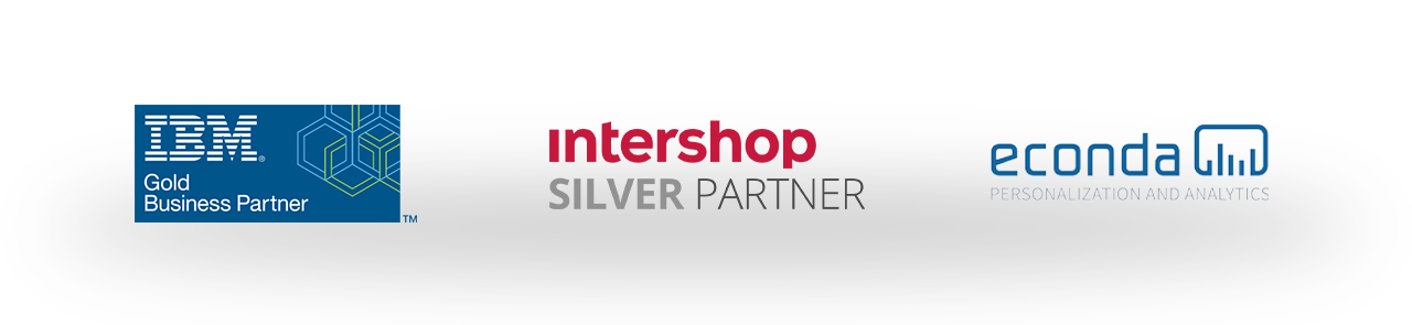 Partner-Logos: IBM Gold Business Partner, Intershop Silver Partner, Econda Partner 